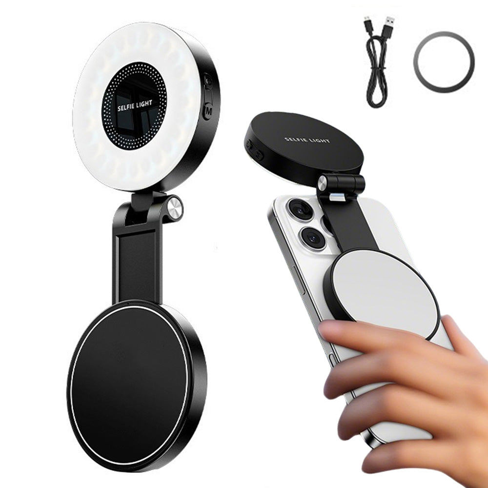 Phone Selfie Light Rechargeable Folding Phone Fill Light With Mirror-Black