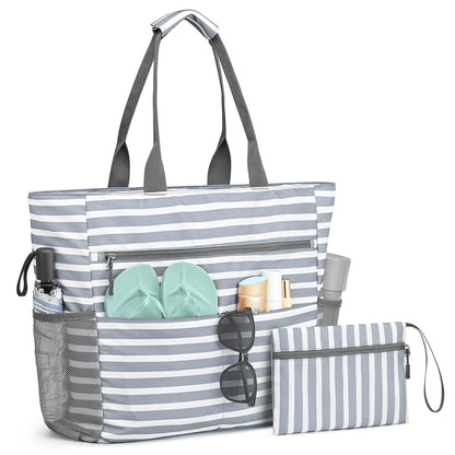 Beach Bag Large Foldable Sandproof Totes Bag With Zipper Beach Shoulder Bag-Grey