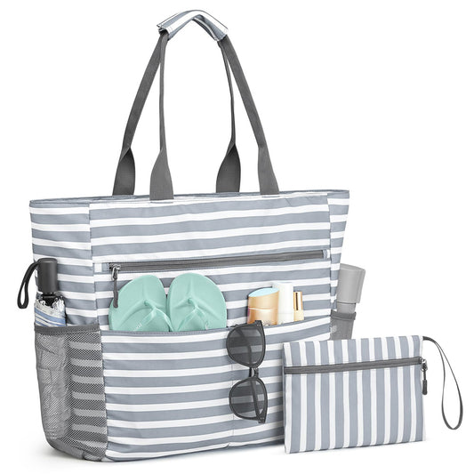 Beach Bag Large Foldable Sandproof Totes Bag With Zipper Beach Shoulder Bag-Grey