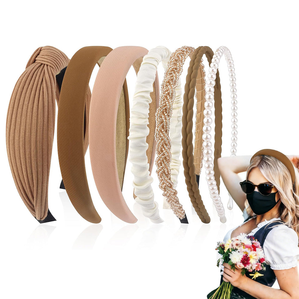 7 Piece Retro Pearl and Ribbon Hair Headband Set for Women-Coffee