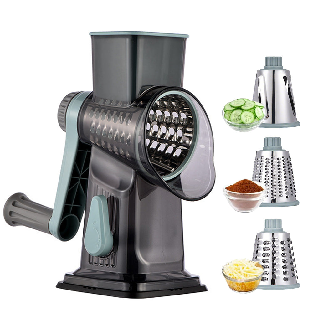 Rotary Vegetable Chopper 3-Blade Cylinder Hand-Cranked Slicer Shredder Grater-Green