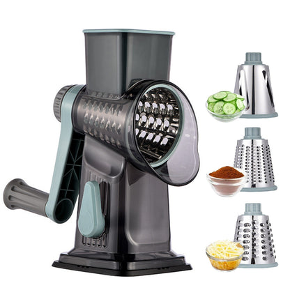Rotary Vegetable Chopper 3-Blade Cylinder Hand-Cranked Slicer Shredder Grater-Green