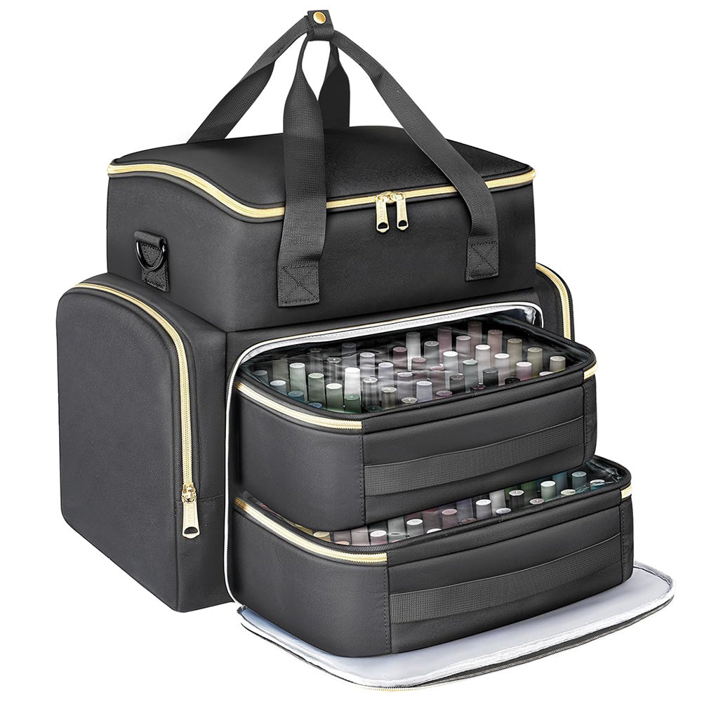 Double Layer Portable Nail Polish Organizer Bag with Removable Pouches-Black