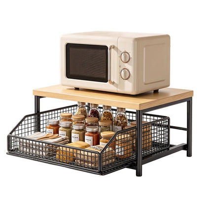 Kitchen Countertop Riser Metal Storage Rack with Pull Out Drawer Organizer Black