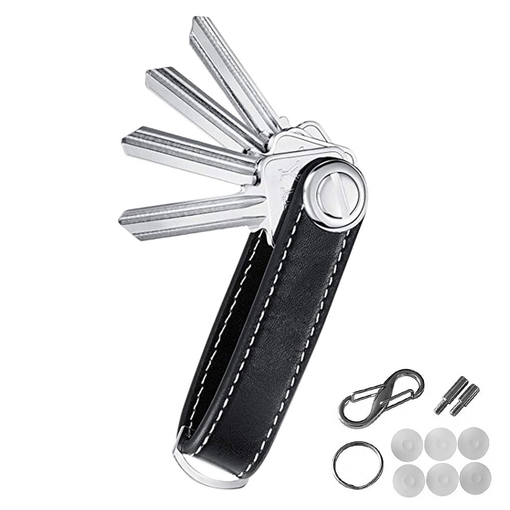 Leather Smart Key Holder Folding Key Organizer Clip Compact Keychain -Black