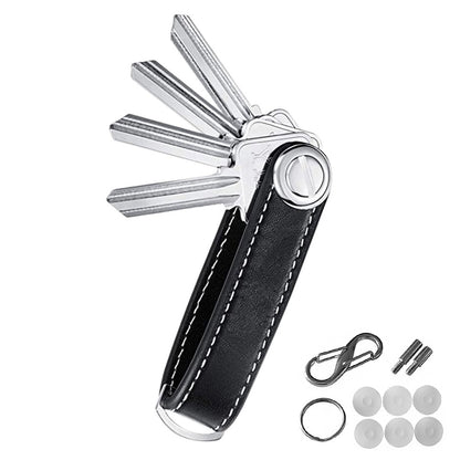 Leather Smart Key Holder Folding Key Organizer Clip Compact Keychain -Black