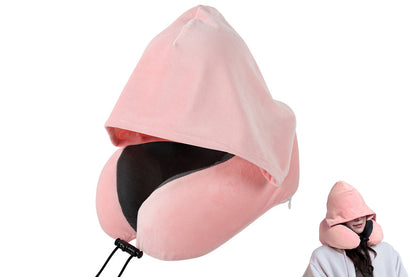 Hooded Travel Pillow with 3D Eye Masks Memory Foam Neck Pillow for Airplane Sleeping-Pink