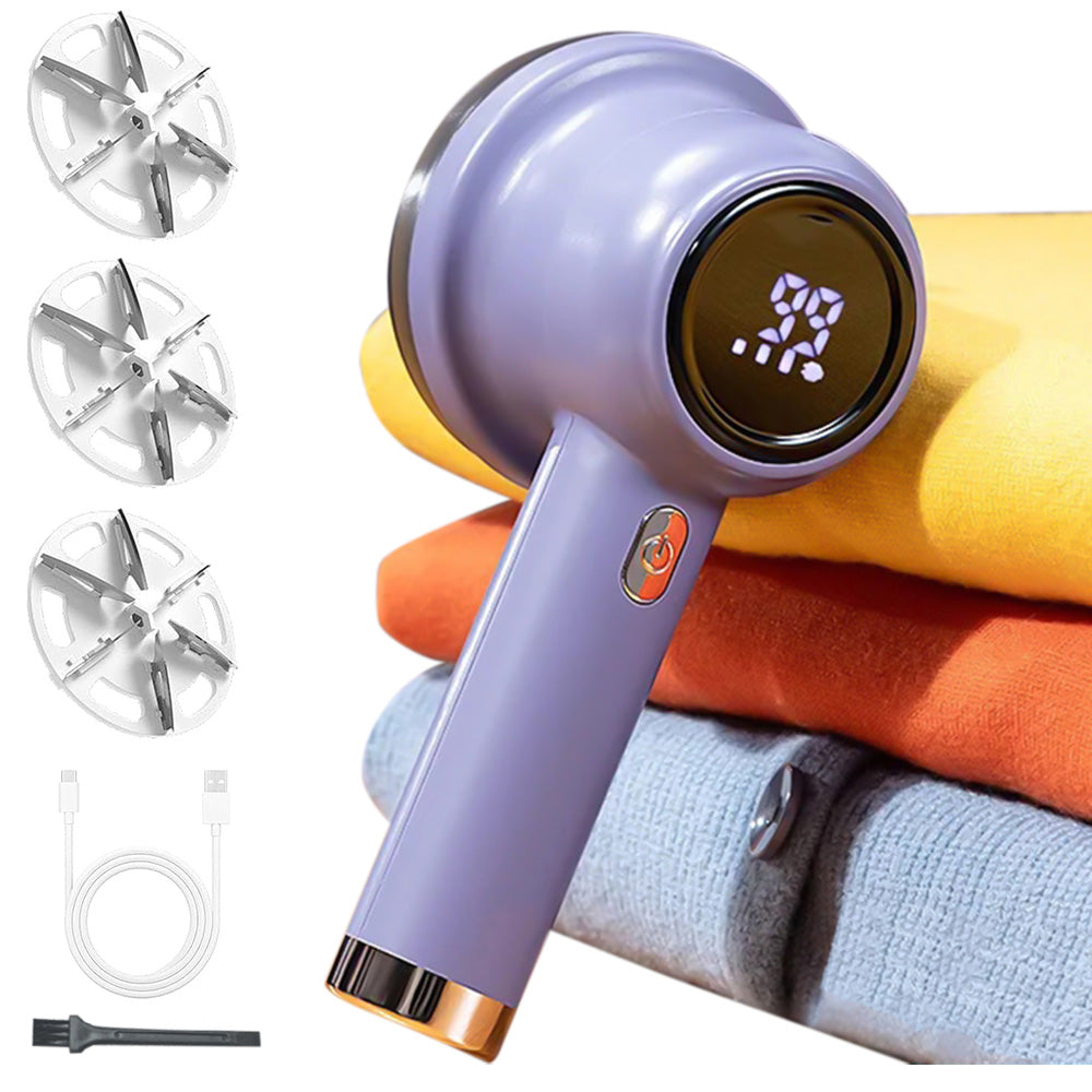 Electric Lint Remover with 3 Speed Levels LED Display 3 Replacement Blades for Clothes-Purple
