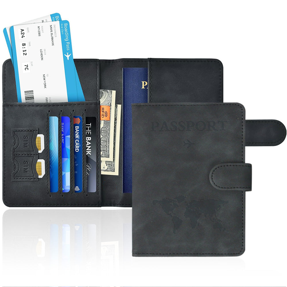 Passport Holder RFID Blocking Leather Cover Wallet With Magnetic Closure For Travel Essentials-Black