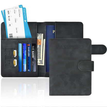 Passport Holder RFID Blocking Leather Cover Wallet With Magnetic Closure For Travel Essentials-Black