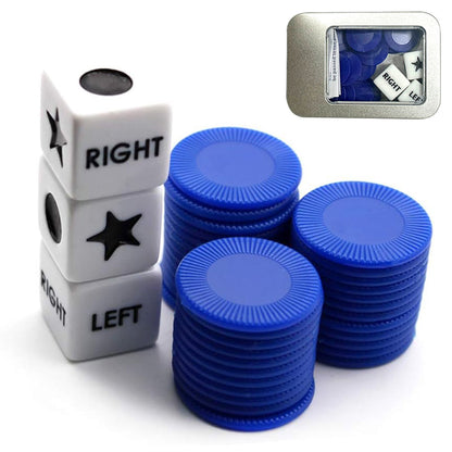 Left Right Center Dice Game Prime Set with 3 Dices 24 Chips for Party Family Fun-Blue