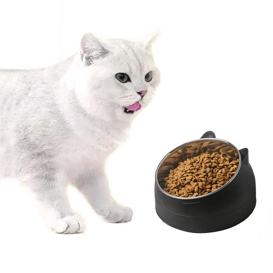 400ml Stainless Steel Tilted Pet Bowl Non-Slip Raised Feeder for Cats and Dogs-Black