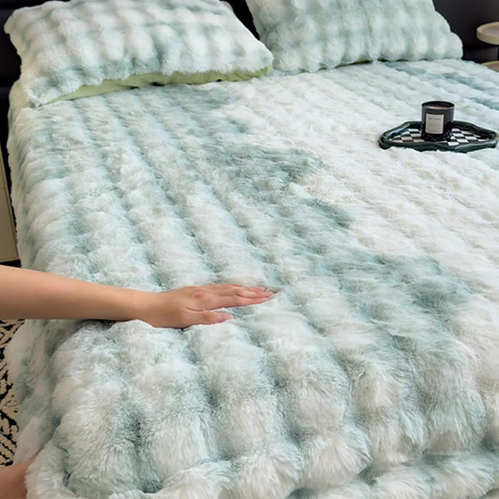 Plush Fitted Sheet with 2 Pillowcases Set Warm Mattress Cover Faux Fur Fitted Sheet Bedding Kit Green