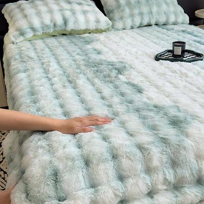 Plush Fitted Sheet with 2 Pillowcases Set Warm Mattress Cover Faux Fur Fitted Sheet Bedding Kit Green