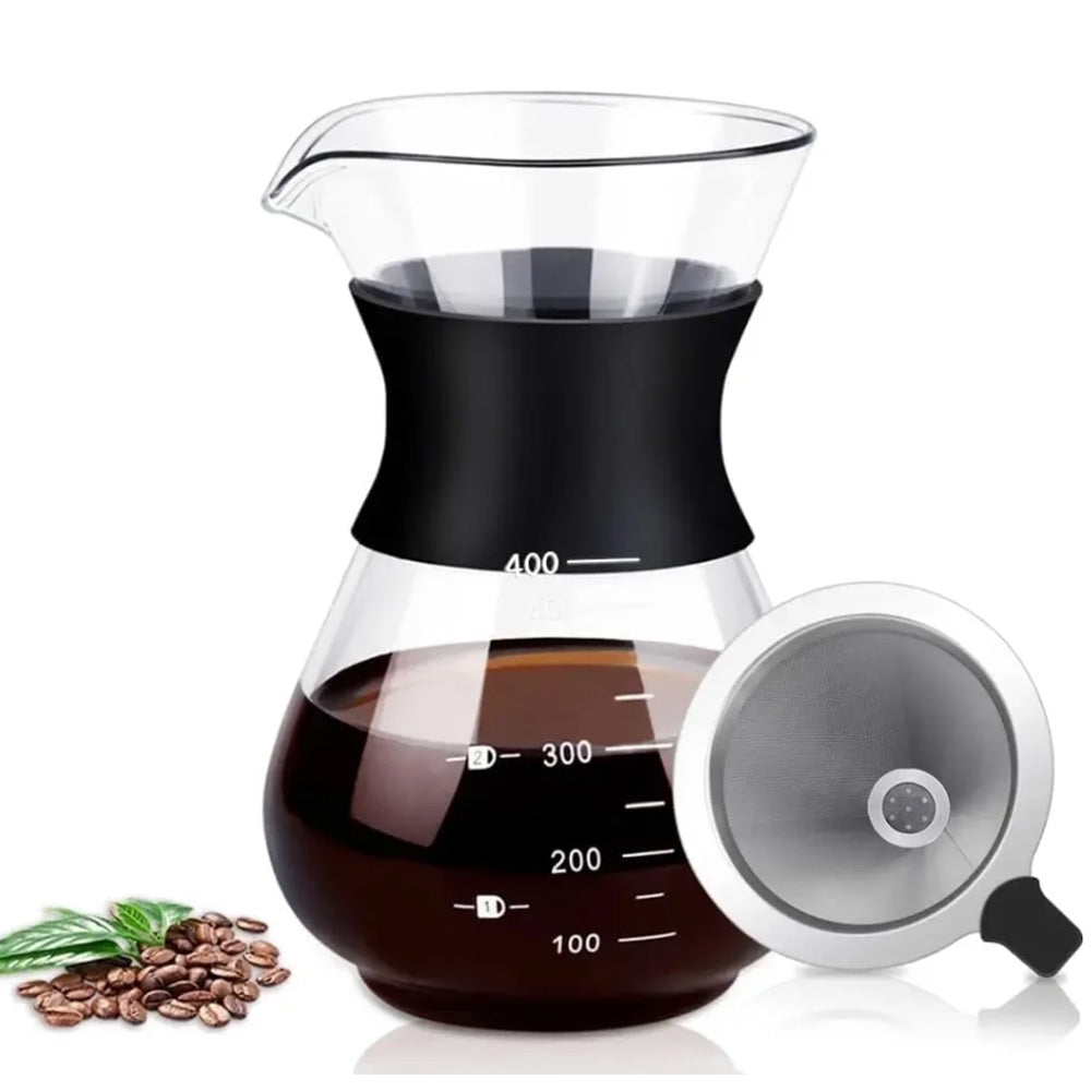 Pour Over Coffee Maker Borosilicate Glass Carafe with Reusable Stainless Steel Filter-400ml