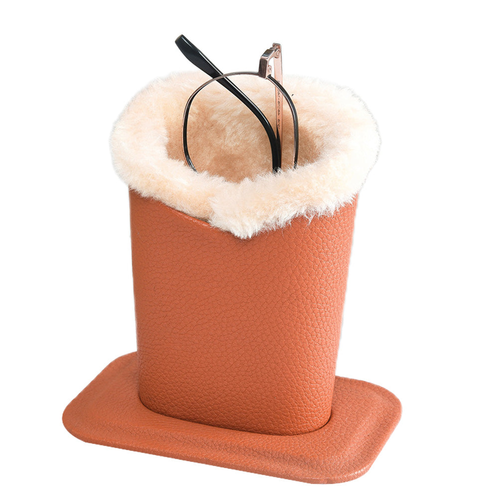 Soft Plush Lined Eyeglasses Desk Holder PU Leather Glasses Display Stand With Base-Brown