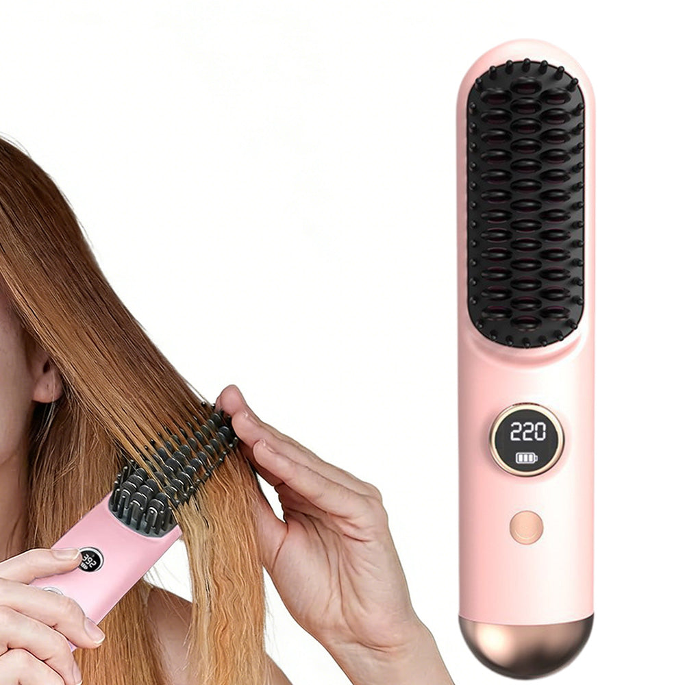 Cordless LCD Hair Straightening Brush 2-in-1 Portable Styling Tool for Travel-Pink