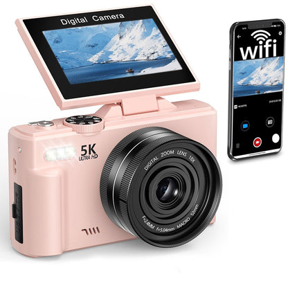 5K Digital Camera with 180-degree Flip Screen Autofoucs Vlogging Camera for YouTube -Pink