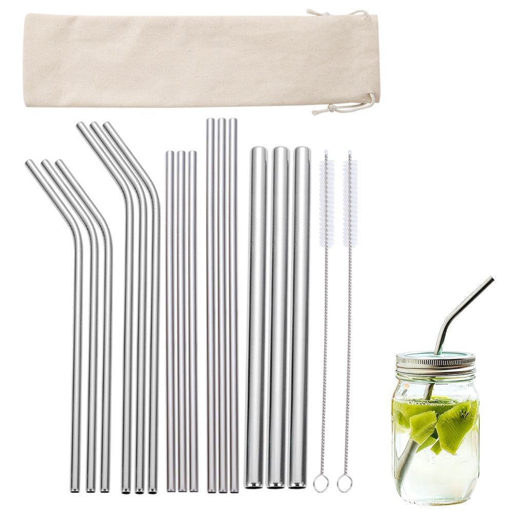 17Pcs Reusable Stainless Steel Straws Set with Cleaning Brushes and Pouch-Silver