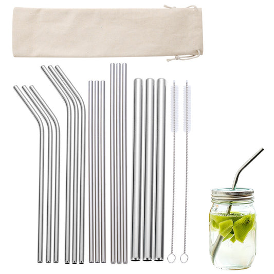 17Pcs Reusable Stainless Steel Straws Set with Cleaning Brushes and Pouch-Silver