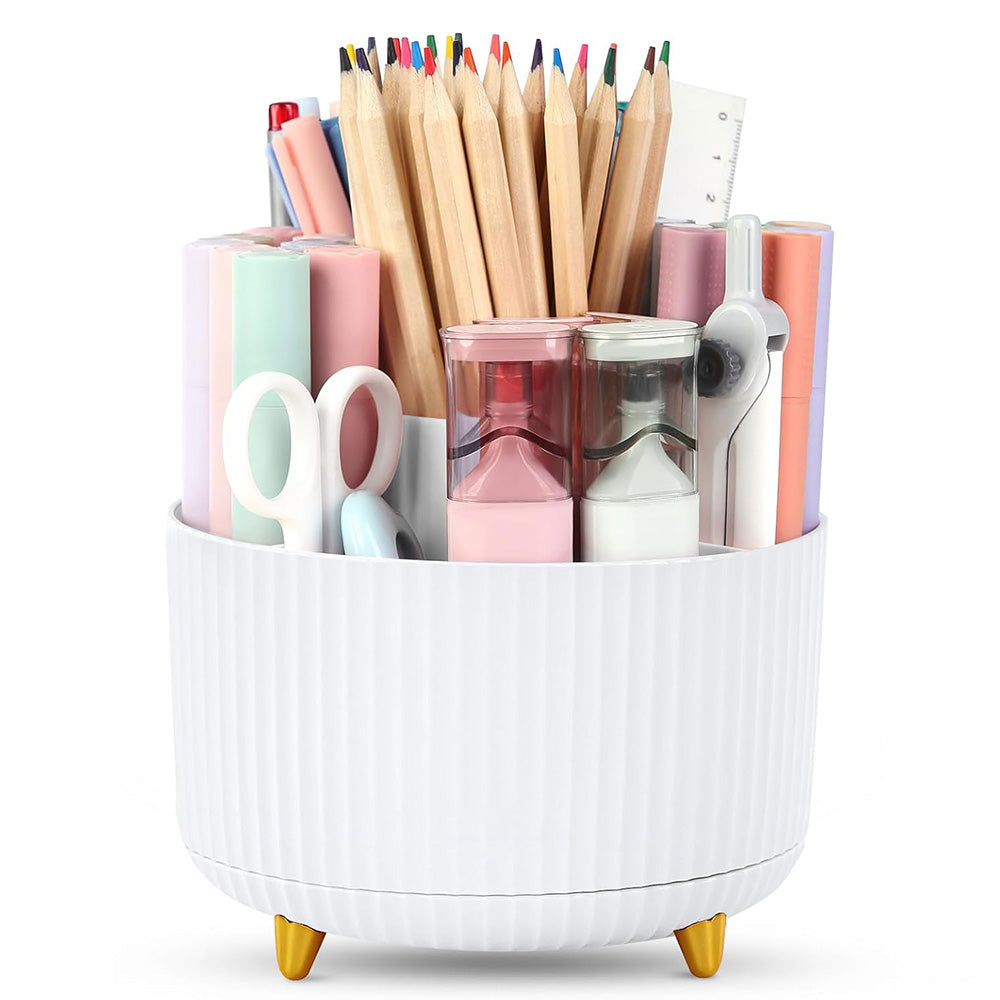 360 Degree Rotating Desk Organizer with 4 Slots For Pencil and Pen Holder-White