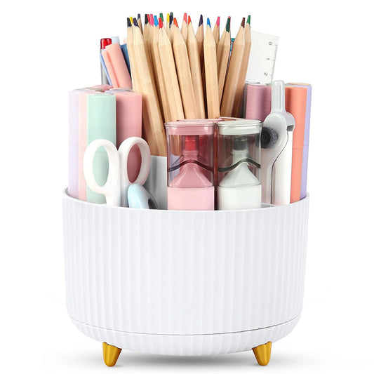 360 Degree Rotating Desk Organizer with 4 Slots For Pencil and Pen Holder-White
