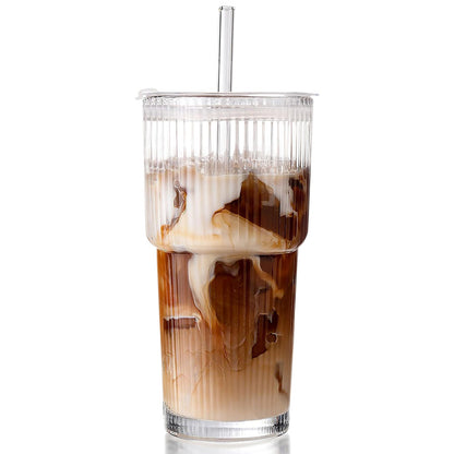 Iced Coffee Cups with Lid Ribbed Glass Tumbler with Straw Leak Proof Reusable for To Go