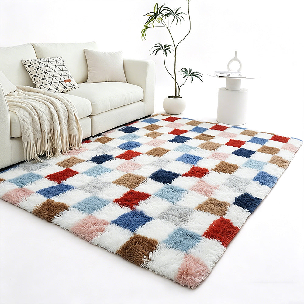 Checkered Plush Shaggy Rug Non Slip Carpet - Milticolor