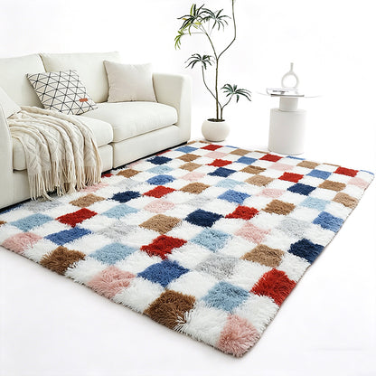 Checkered Plush Shaggy Rug Non Slip Carpet - Milticolor