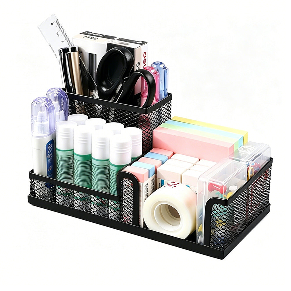 3 Compartment Mesh Pen Holder Desk Organizer Metal Office Supply Storage for Home School-Black