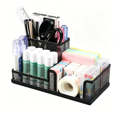 3 Compartment Mesh Pen Holder Desk Organizer Metal Office Supply Storage for Home School-Black