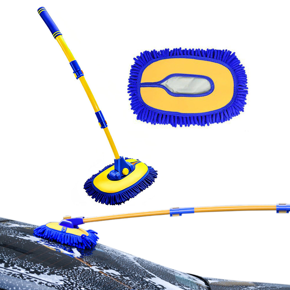 Telescopic Car Wash Brush Chenille Cleaning Mop with 15 Degree Bent Handle Blue