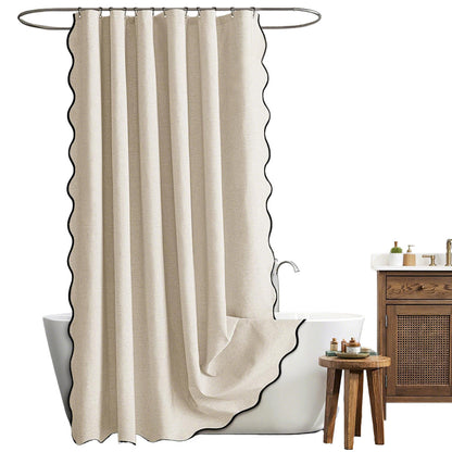 Waterproof Shower Curtain Thick Boho Wavy Edge With Rustproof Hooks-Beige