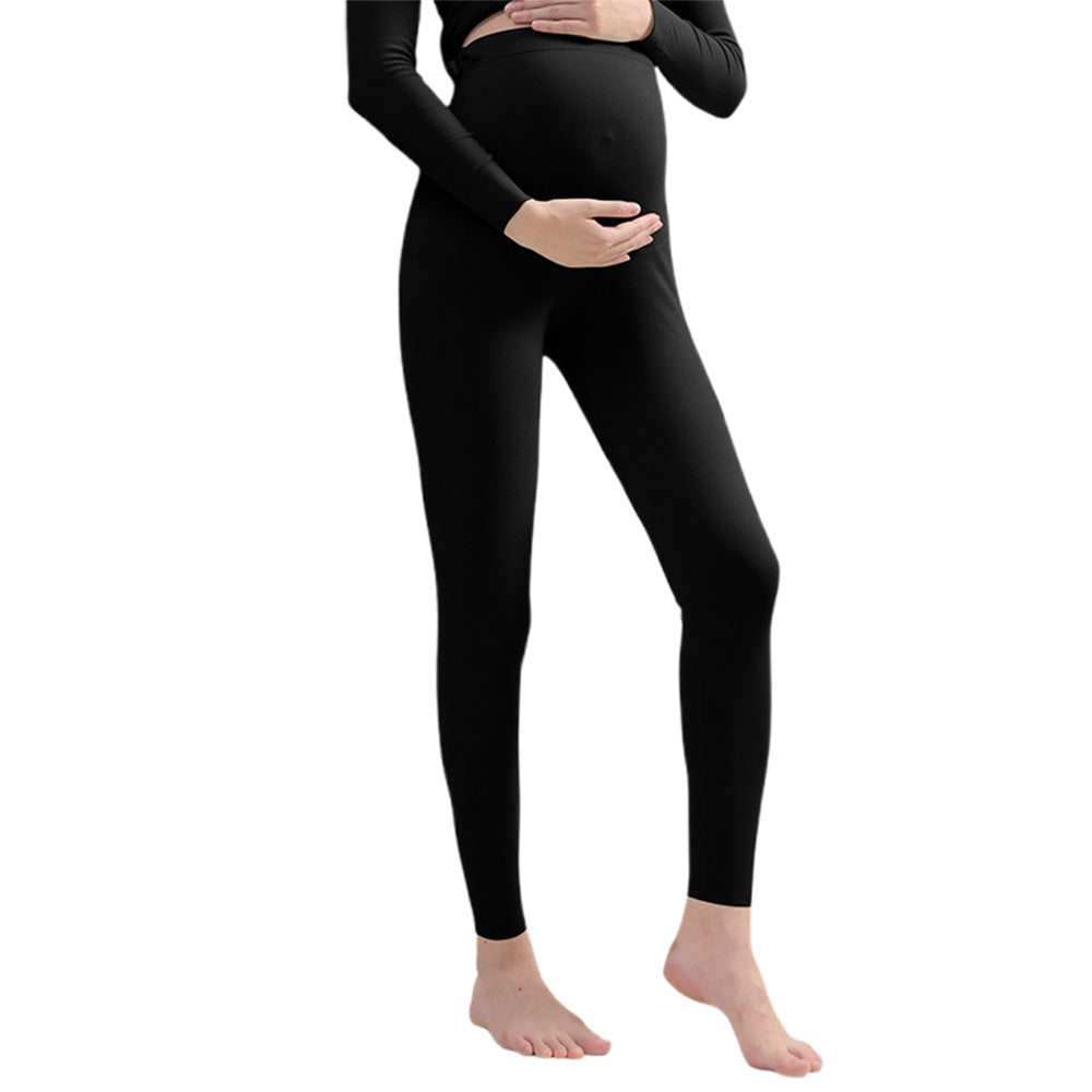 Maternity Leggings Pregnancy High Waist Warm Thermal Pants with Adjustable Belly Band-Black