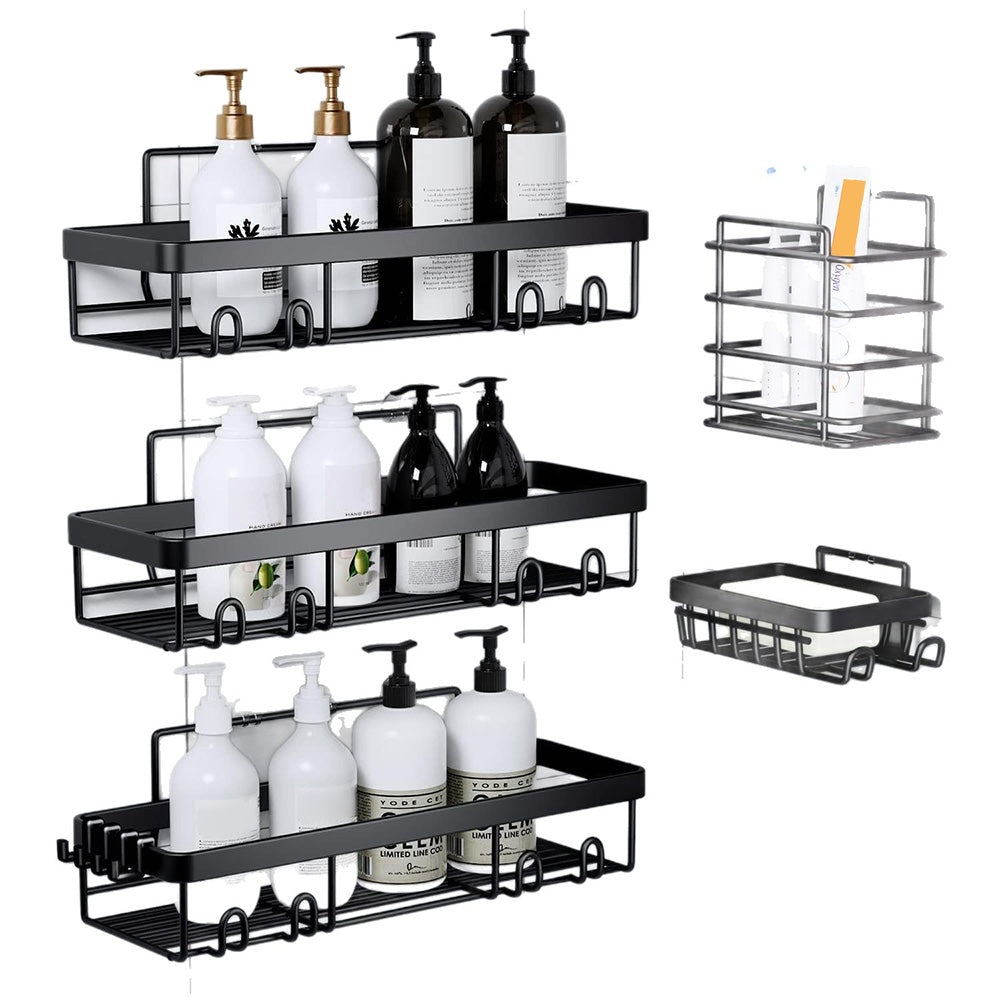 5Pcs Shower Caddy Adhesive Bathroom Wall Organizer Rack-Black