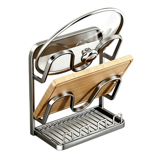Pot Lid Storage Rack Carbon Steel Holder with Drip Tray Organizer-Grey