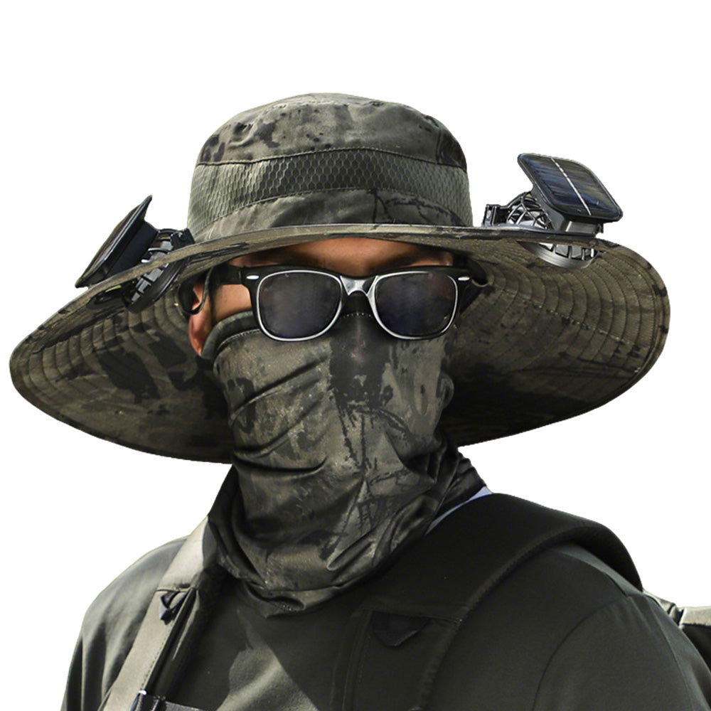 Wide Brim Sun Hat with Fans Solar Power UPF 50+ Bucket Fishing and Beach Hat-Green