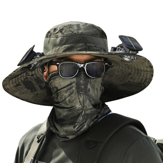 Wide Brim Sun Hat with Fans Solar Power UPF 50+ Bucket Fishing and Beach Hat-Green