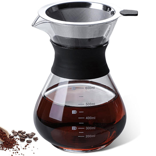 Pour Over Coffee Maker Borosilicate Glass Carafe with Reusable Stainless Steel Filter-600ml