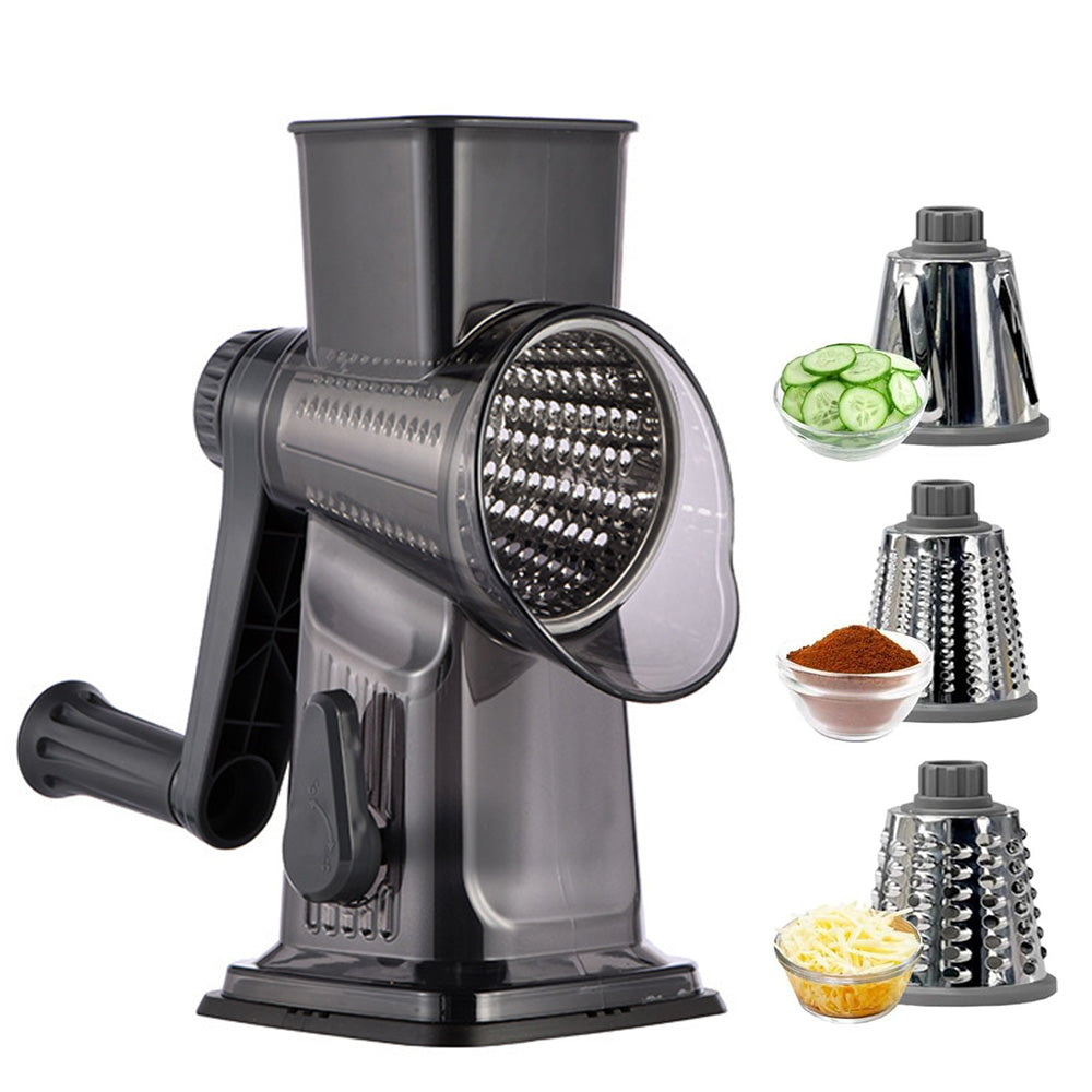 Rotary Vegetable Chopper 3-Blade Cylinder Hand-Cranked Slicer Shredder Grater-Grey