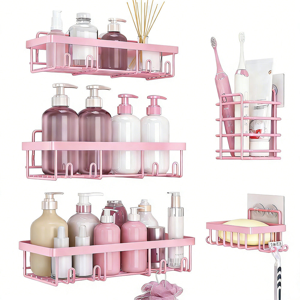 5Pcs Shower Caddy Adhesive Bathroom Wall Organizer Rack-Pink