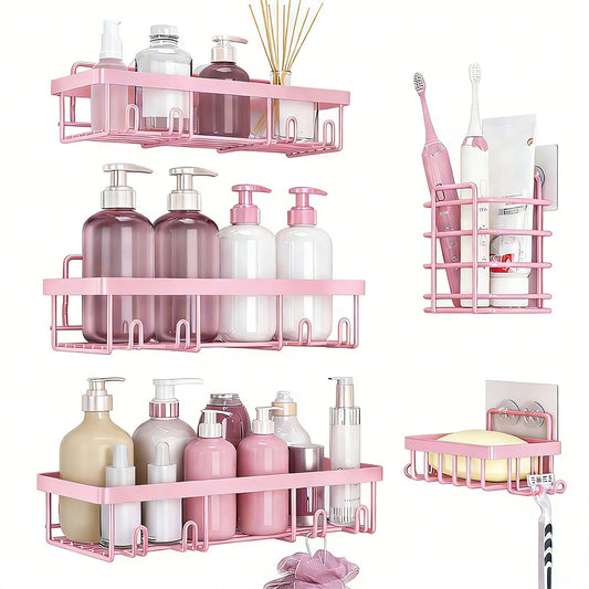 5Pcs Shower Caddy Adhesive Bathroom Wall Organizer Rack-Pink
