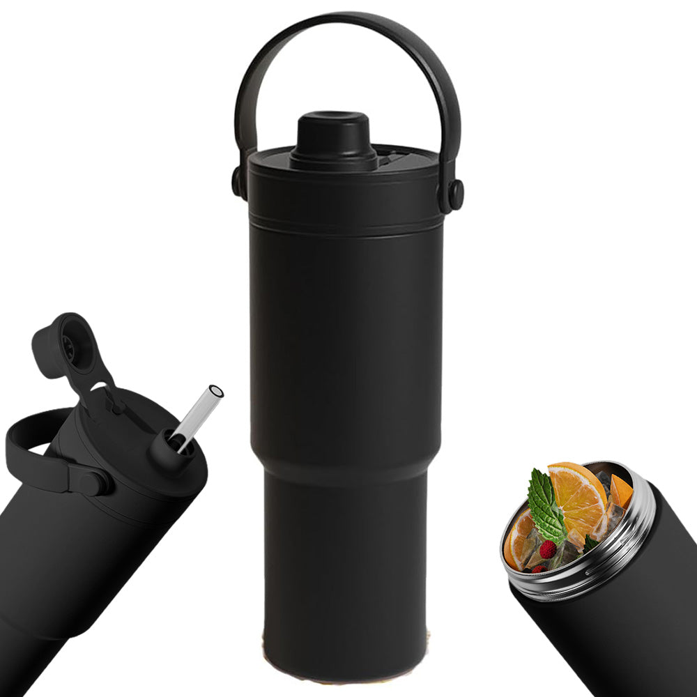 Dual Lid Tumbler with Straw 735ml Vacuum Insulated Water Bottle-Black