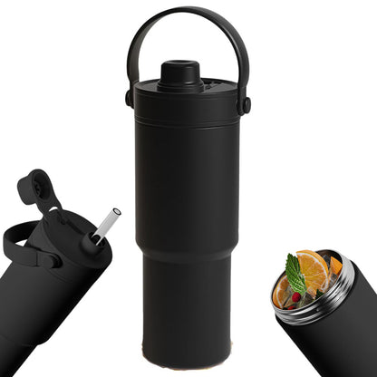 Dual Lid Tumbler with Straw 735ml Vacuum Insulated Water Bottle-Black