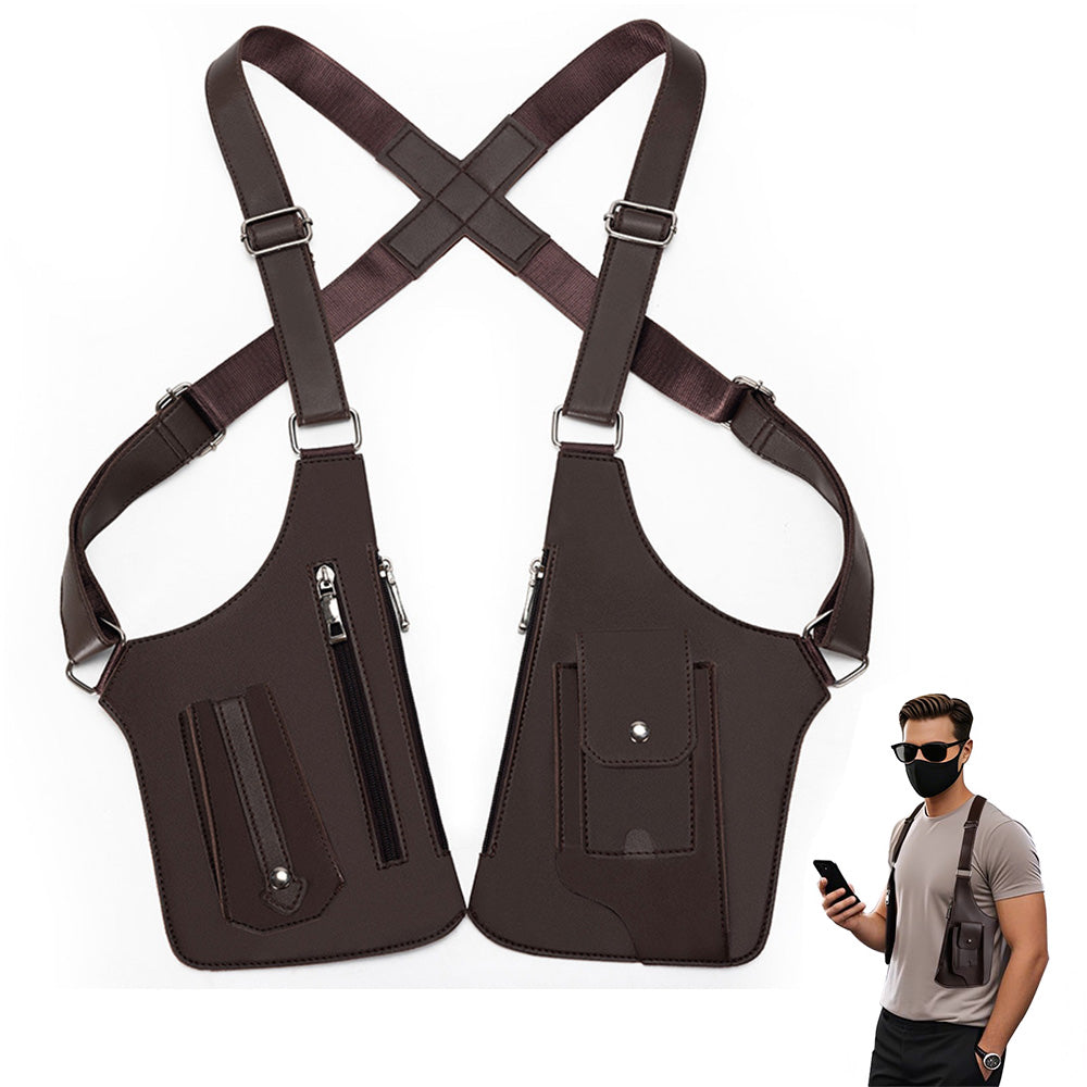 Outdoor Double Shoulder Armpit Bag with Multiple Pockets-Brown