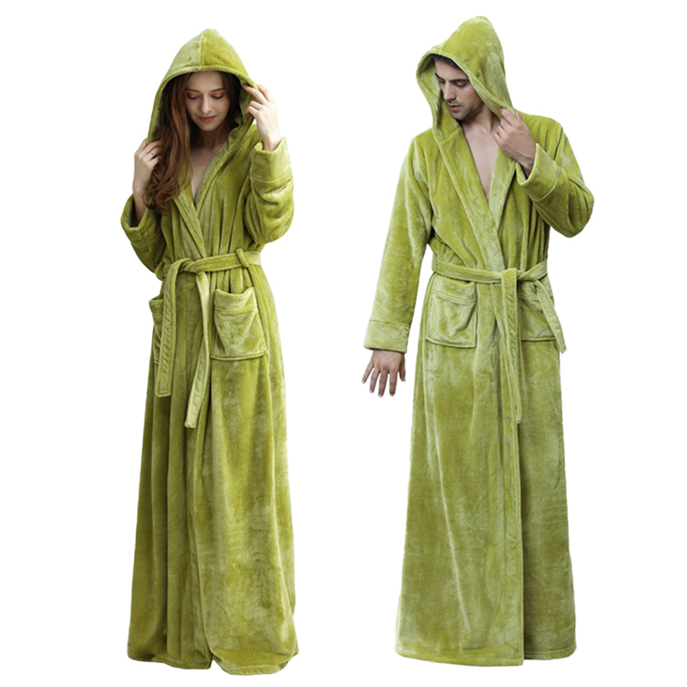 Unisex Winter Long Bathrobe Solid Warm Hooded Bath Robe for Lovers Green