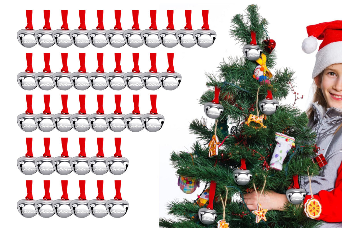 40Pcs Christmas Believe Bell Ornaments Silver Santa Sleigh Bell