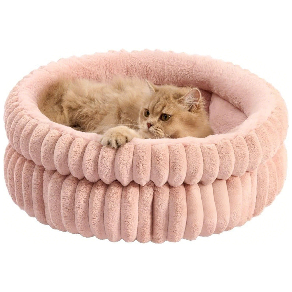 Donut Plush Pet Dog Cat Bed Fluffy Soft Warm Nest for Indoor Cats Small Dogs-Pink