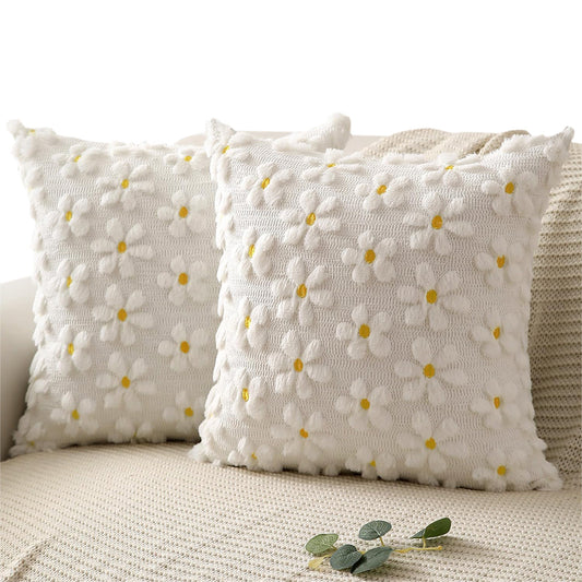 2Pcs Spring Summer Pillow Covers Floral  Farmhouse Home Decor for Sofa Couch Bed -Daisies