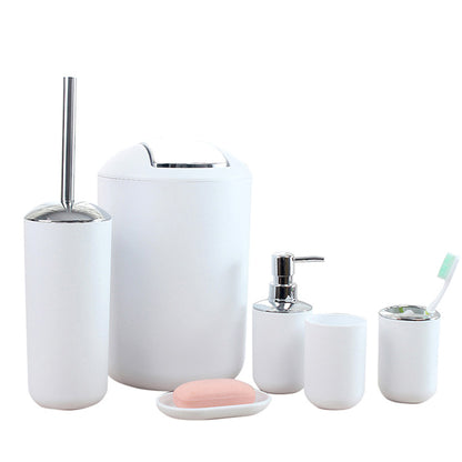 6 Piece Bathroom Accessories Set Soap Dish Soap Dispenser Toothbrush Holder Toilet Brush Trash Bin-White